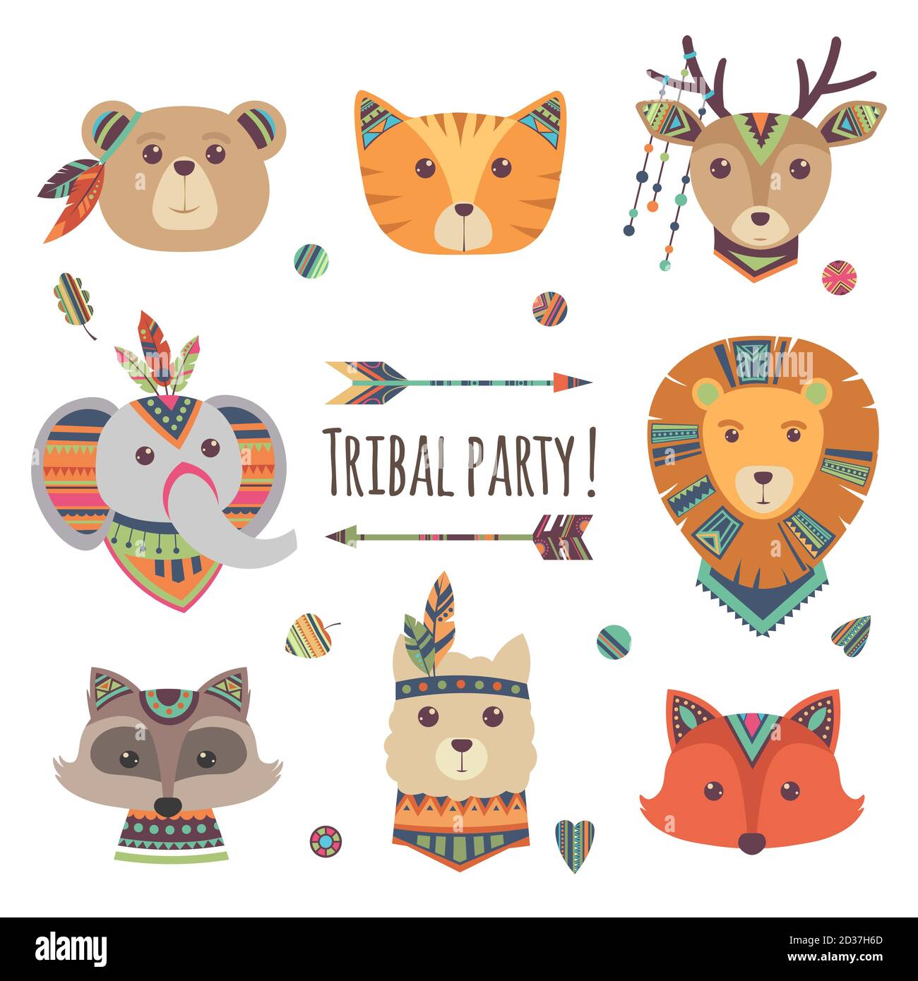 Cartoon tribal animal heads isolated on white background. Vector lama, bear, elephant, raccoon, fox, cat ethnic style illustration Stock Vector