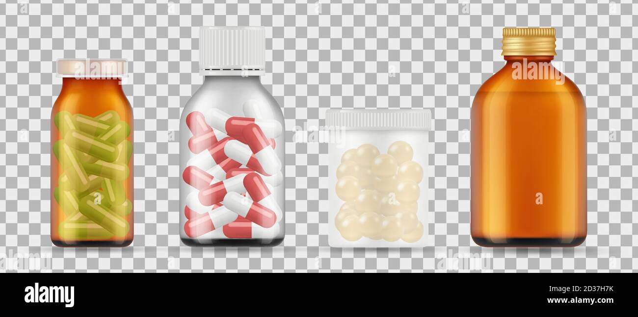 Realistic pills bottles vector. Drugs, medications collection isolated on transparent background Stock Vector
