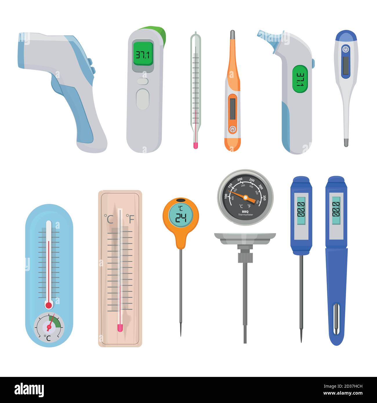 Thermometers. Difference hot and cold temperature measure counters indicators high and low vector pictures Stock Vector