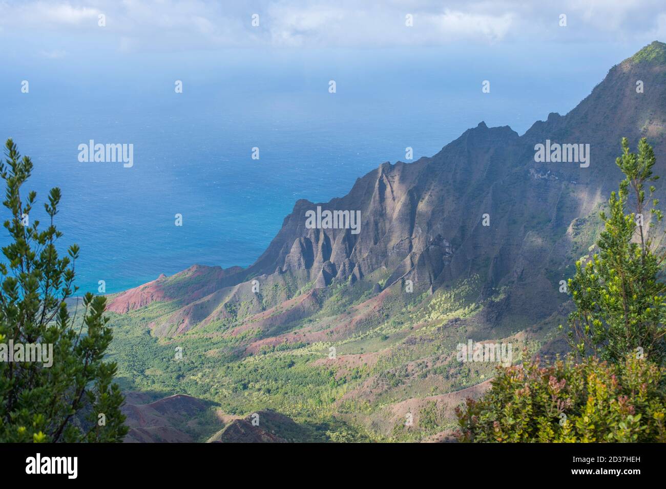 View of Na Pali coast from Waimea Canyon State Park near Waimea on the western side of Kauai Island, Hawaii, USA. Stock Photo