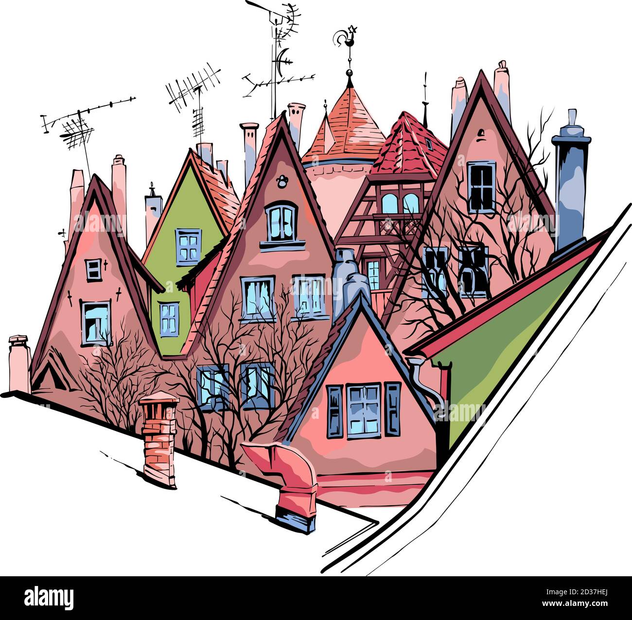 Vector color sketch of quaint facades and roofs of medieval old town, Rothenburg ob der Tauber, Bavaria, Germany Stock Vector