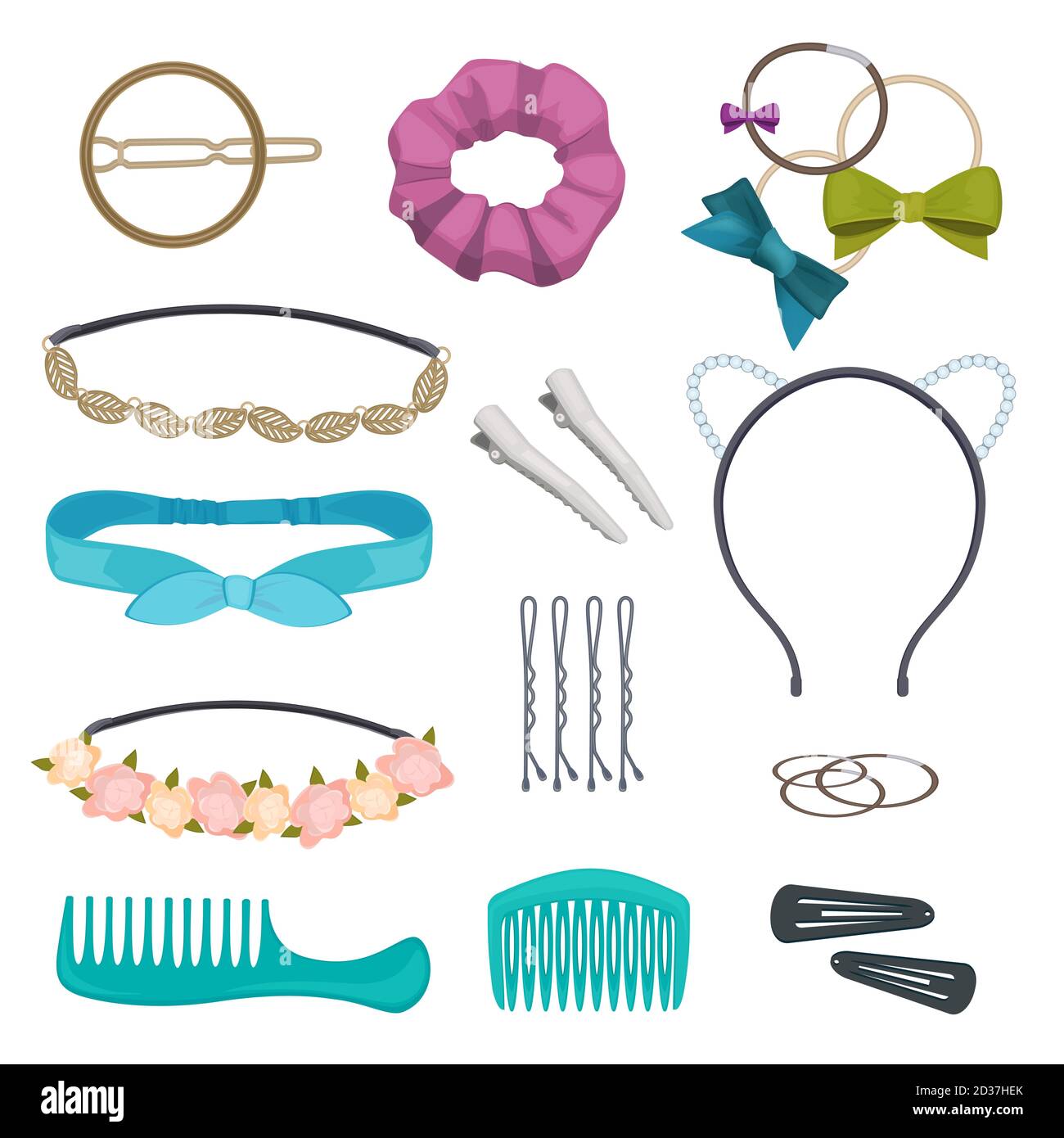 Hair accessories. Woman stylish hair item clips flowers bandanas gags bows elastic bands hoops vector cartoon Stock Vector