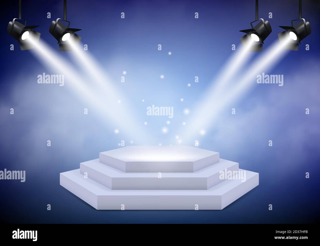 Award podium. Empty trophy event stage with stairs projector lighting and fog vector realistic background Stock Vector