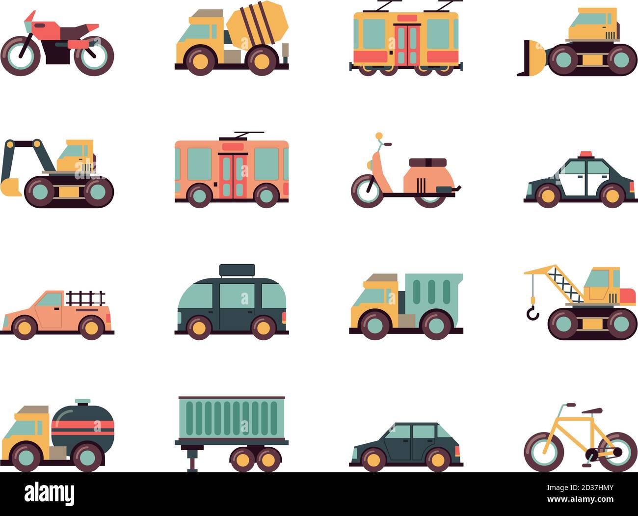 Transport flat icons. Urban vehicles cars buses airplane fuel transportation vector colored symbols Stock Vector