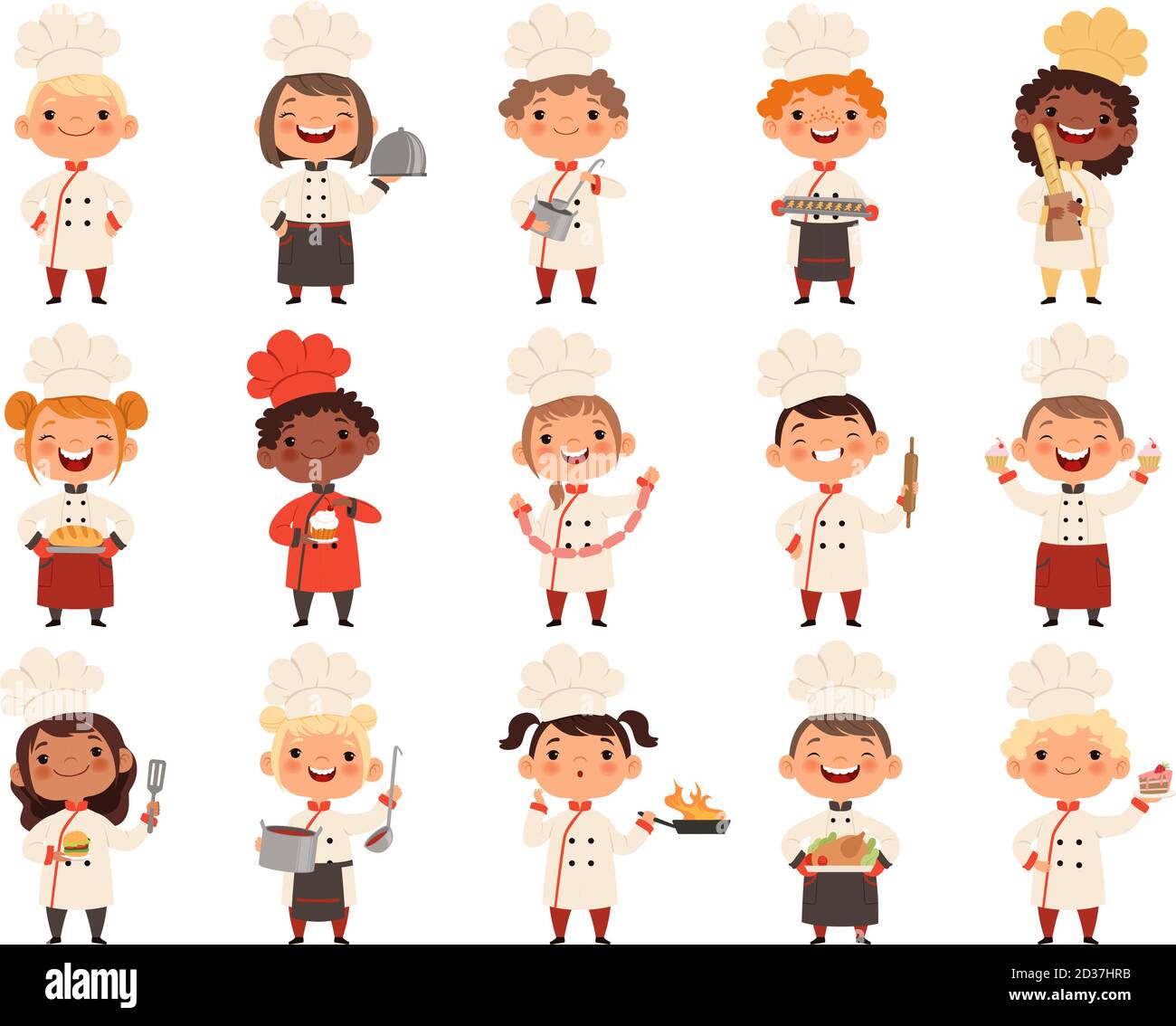 Cooking childrens. Little funny laugh kids making food profession chef vector boys and girls Stock Vector
