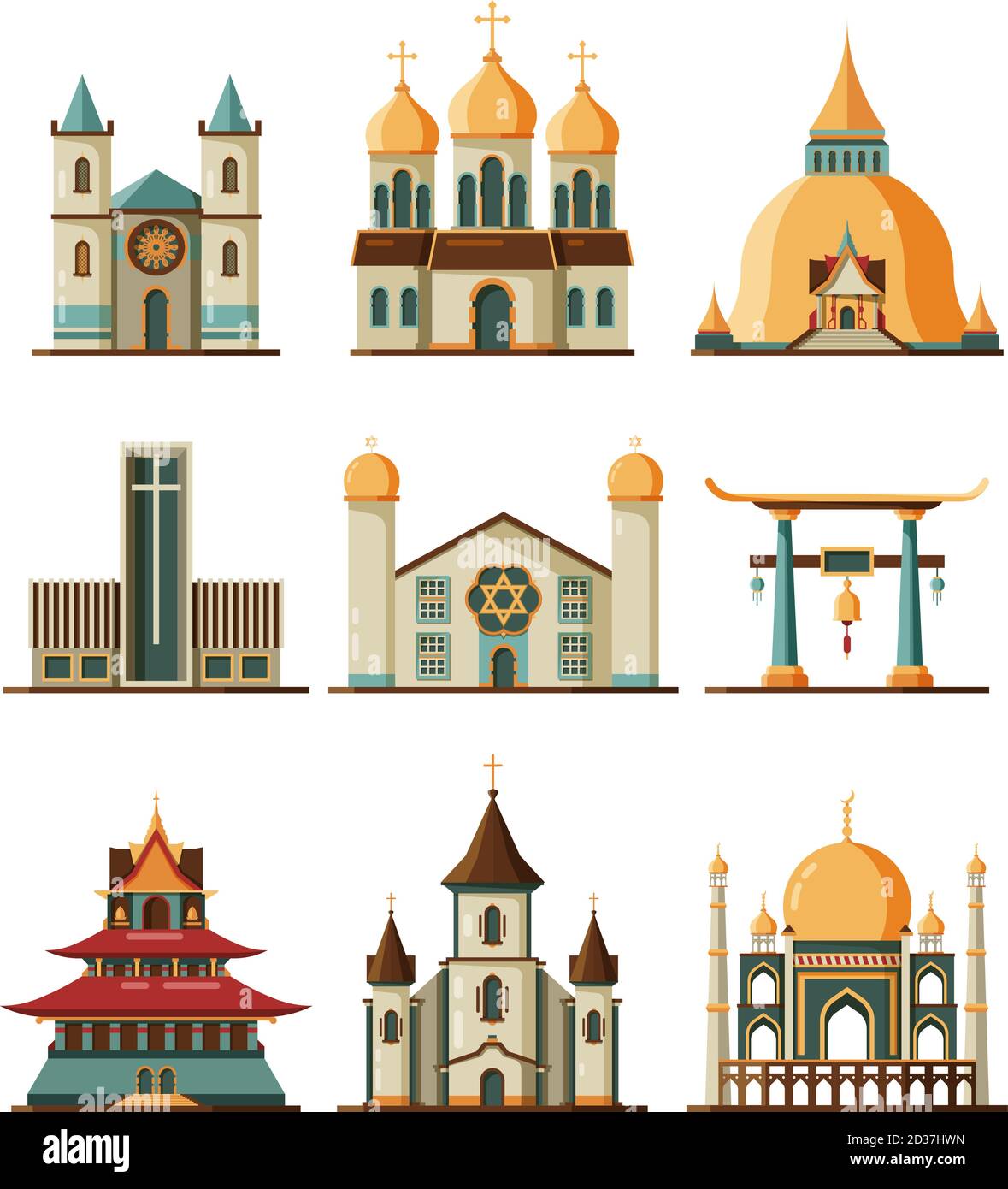Traditional church set. Christian evangelistic and lutheran religion buildings, muslim islamic mosque and orthodox cathedral, buddhist pagoda and Stock Vector