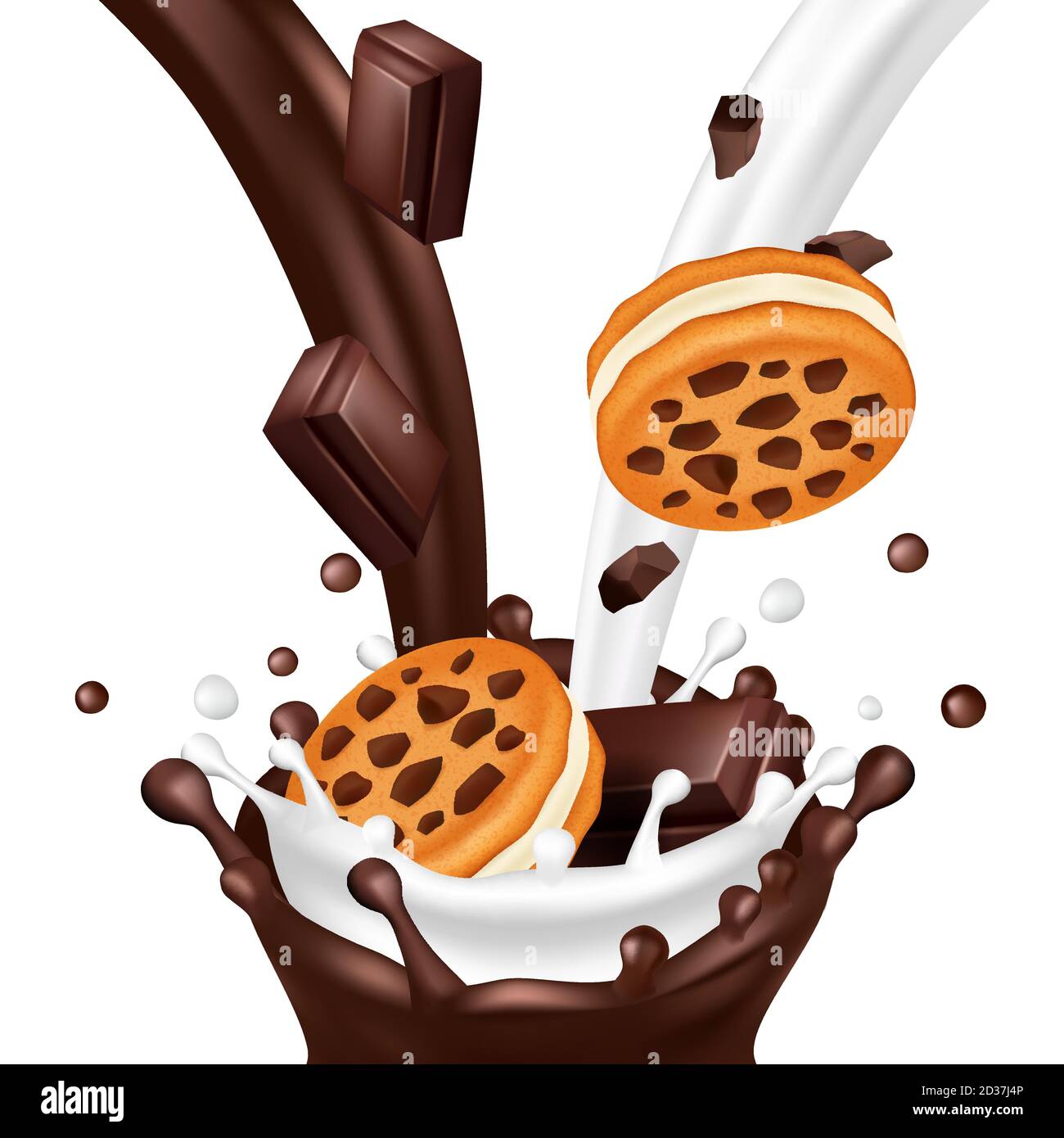 Sweet biscuit with chocolate isolated on white background. Realistic milk and chocolate flows vector illustration Stock Vector