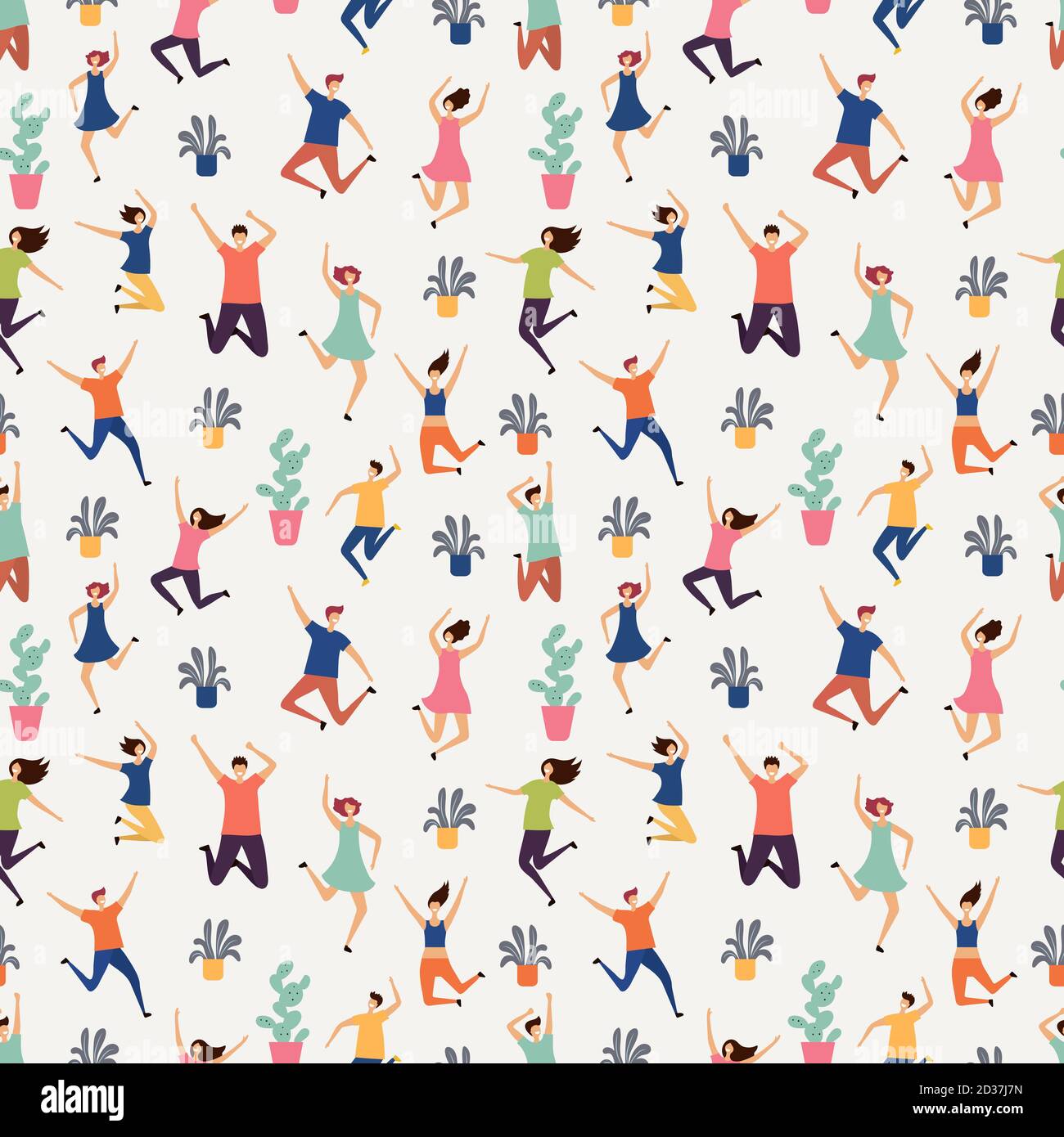 Jumping and flying people seamless pattern. Plants and happy humans vector texture Stock Vector