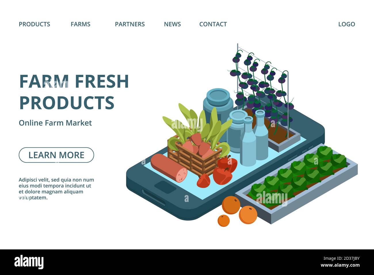 Online farm products web page template. Vector isometric organic green, fruits, dairy, meat on phone landing design Stock Vector