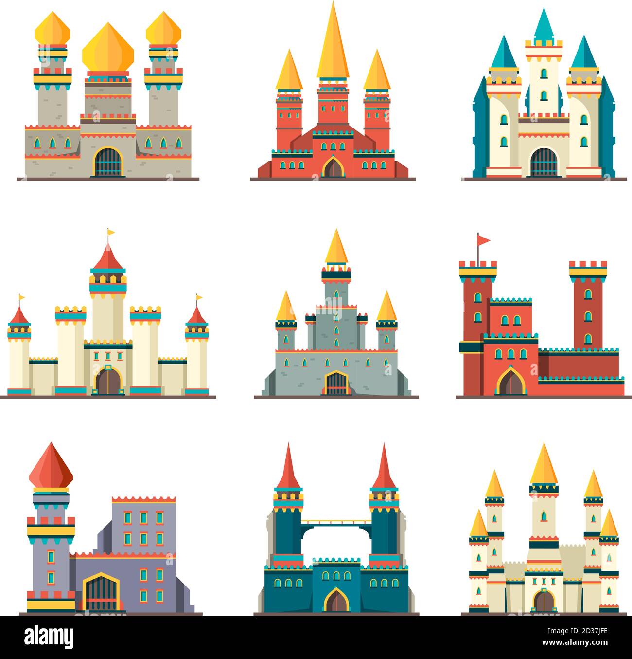 Medieval castles. Palace tower fairytale constructions cartoon vector buildings flat castles pictures Stock Vector