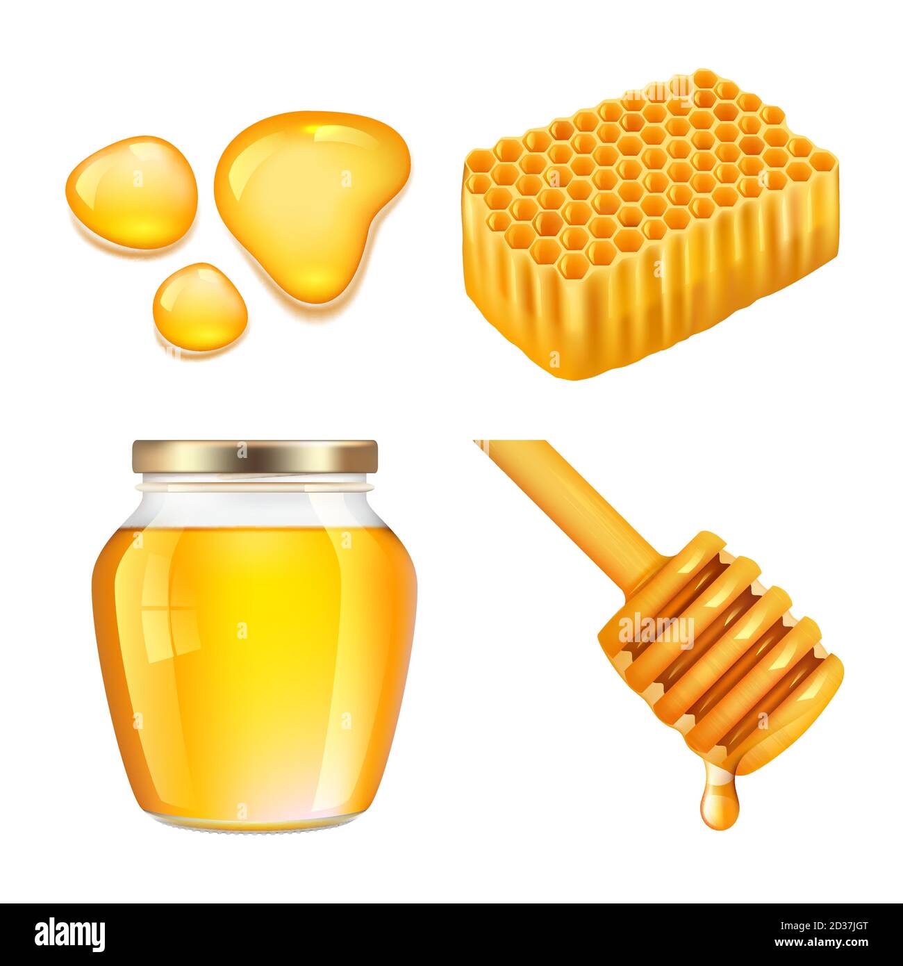 Honey. Sticky gold honey splashes and jar melting vector realistic collection Stock Vector