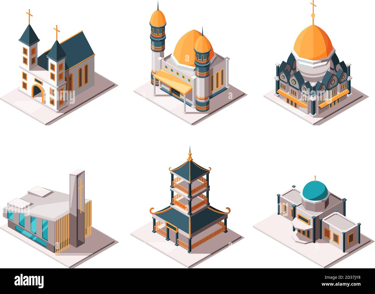 Religion buildings. Islamic mosque arabic architectural objects lutheran catholic christian religion landmarks vector isometric Stock Vector