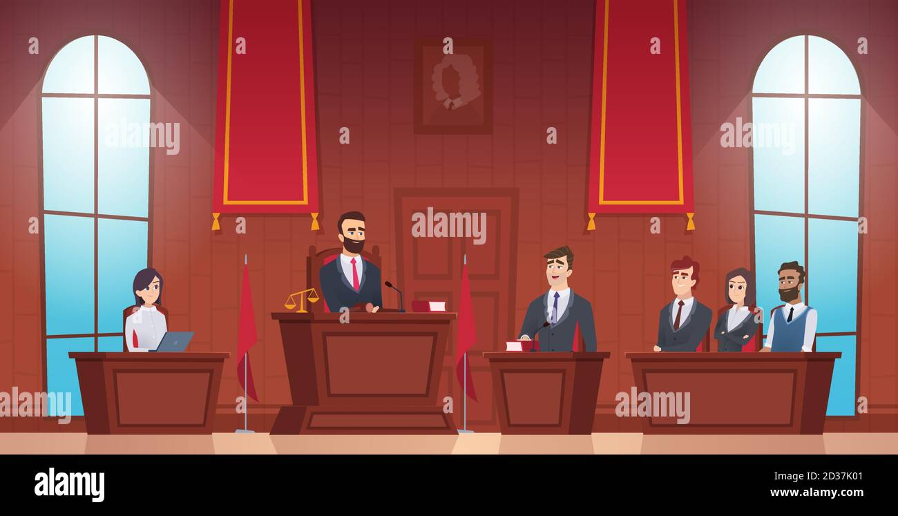 Court room. Judge in courtroom police officer characters of jury inside