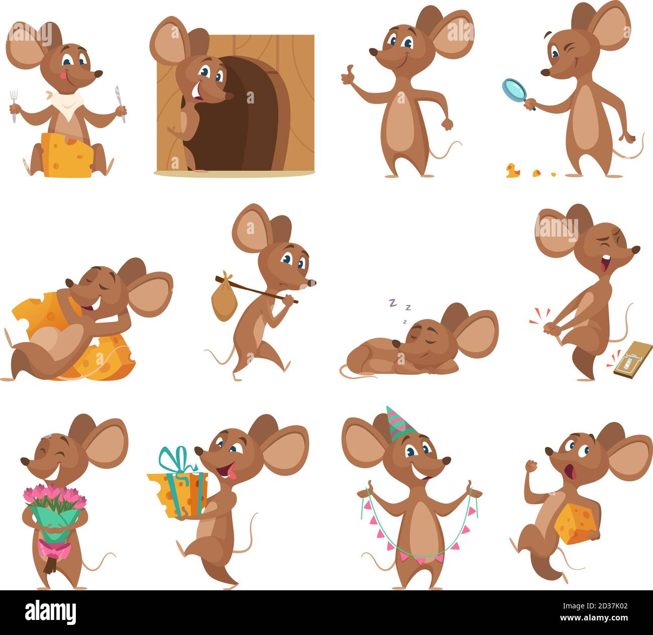 Cartoon mouse. Funny little animals vector lab mice with cheese