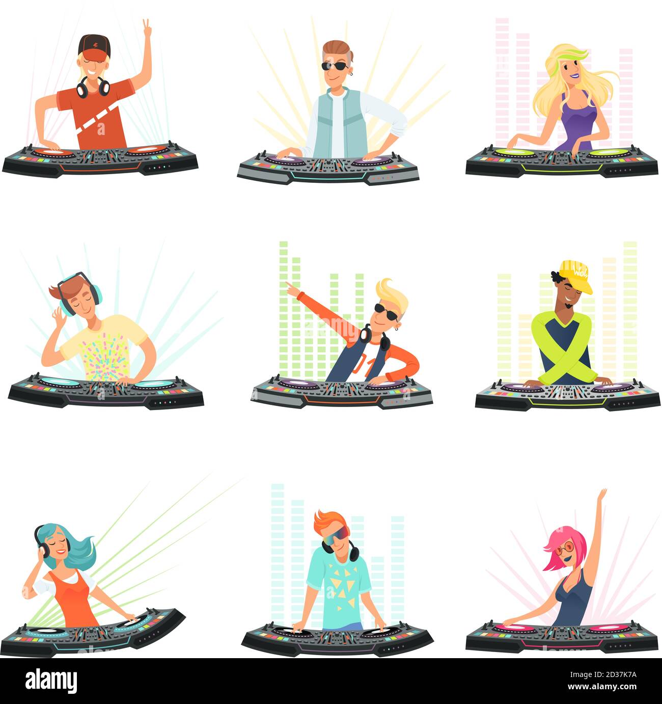 Dj characters. Male and female party musicians in headphones for event music record console vector people Stock Vector