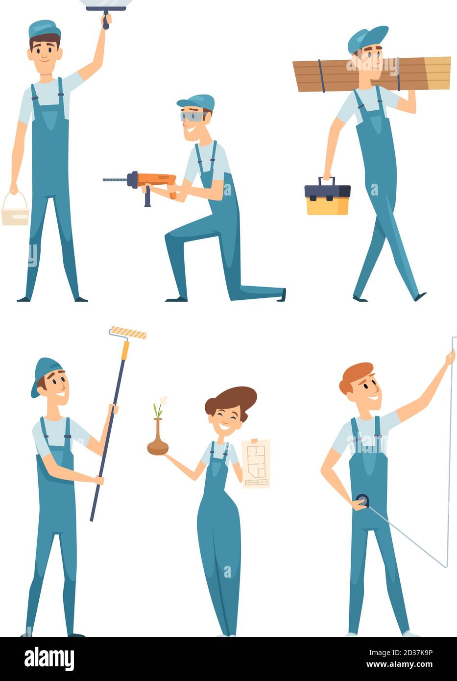 Worker characters. Professional people builders constructors factory workers home repair mascot vector illustrations Stock Vector
