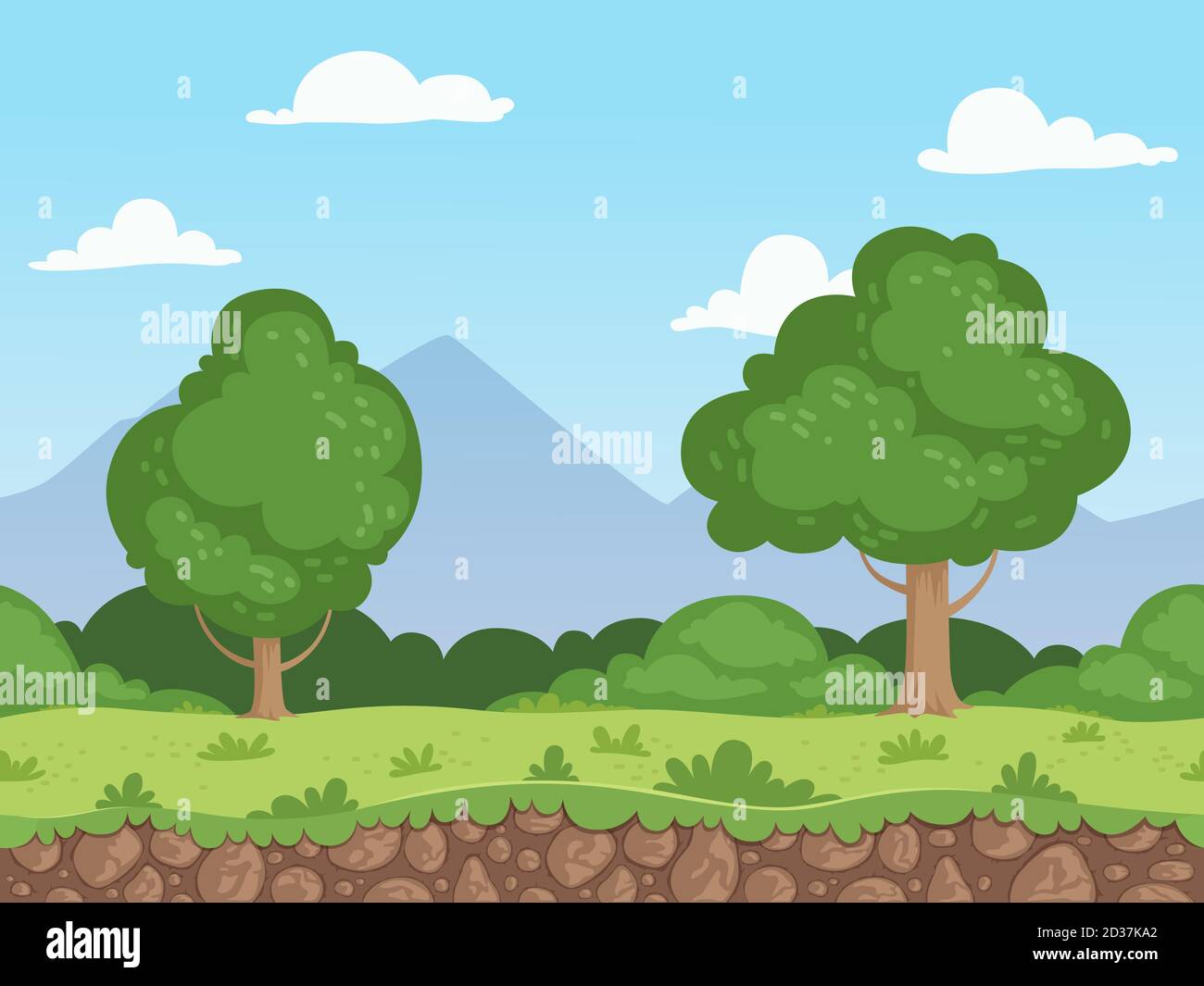 Seamless cartoon landscape. Parallax nature panorama ground with grass  trees and rocks vector background Stock Vector Image & Art - Alamy