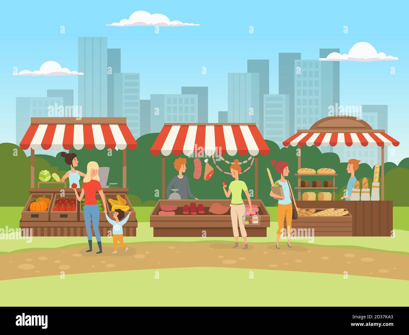 Local market. Food outdoor places in urban landscape bazaar owners with  fruits vegetables meat and milk vector cartoon background Stock Vector  Image & Art - Alamy