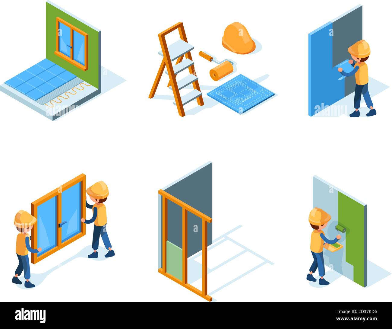 Home repair. Wall installation equipment paint workers building constructions renovation house vector isometric Stock Vector