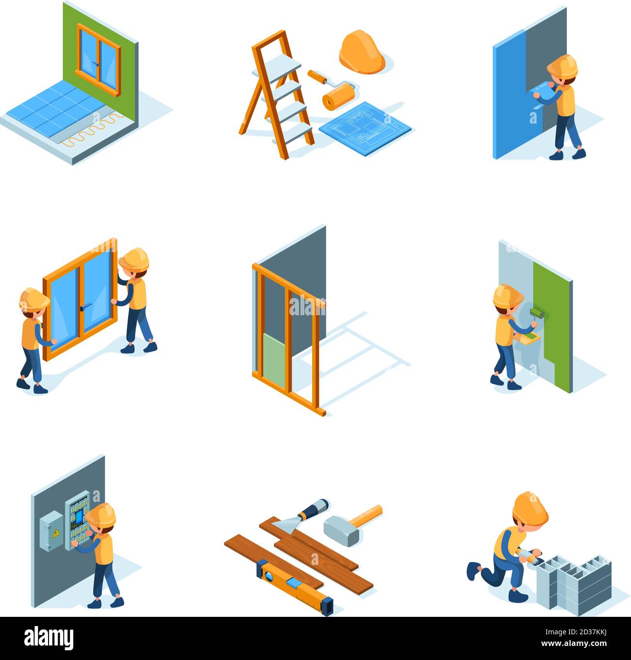 Home renovation. Worker installation new floor and walls painting flooring construct instruments vector isometric illustrations Stock Vector