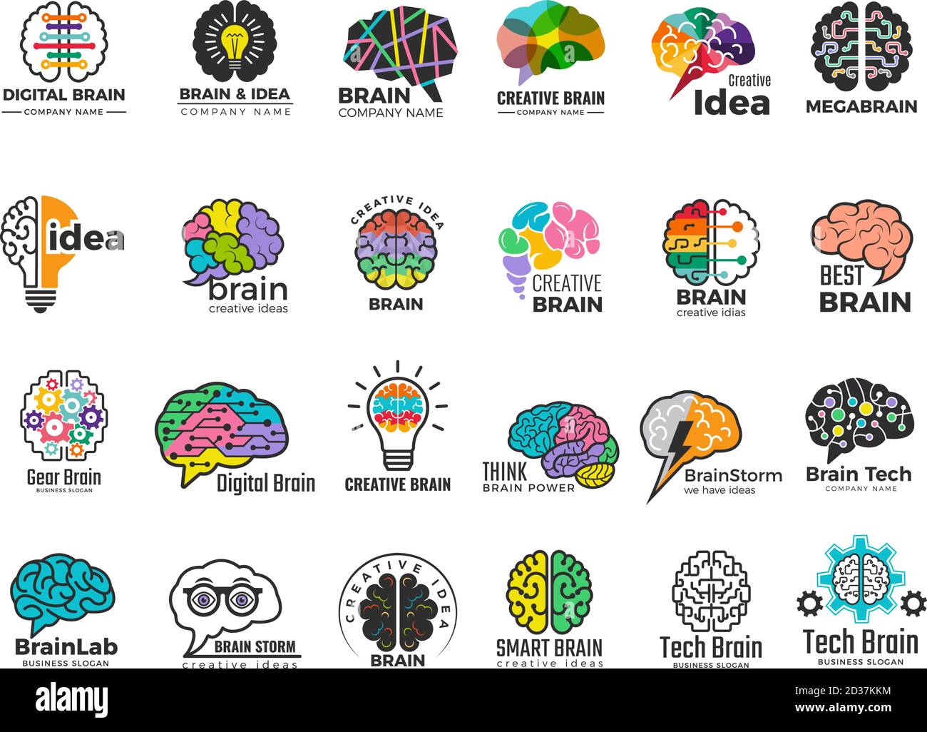Brain logo. Genius and technology smart mind business concept identity vector colored symbols Stock Vector