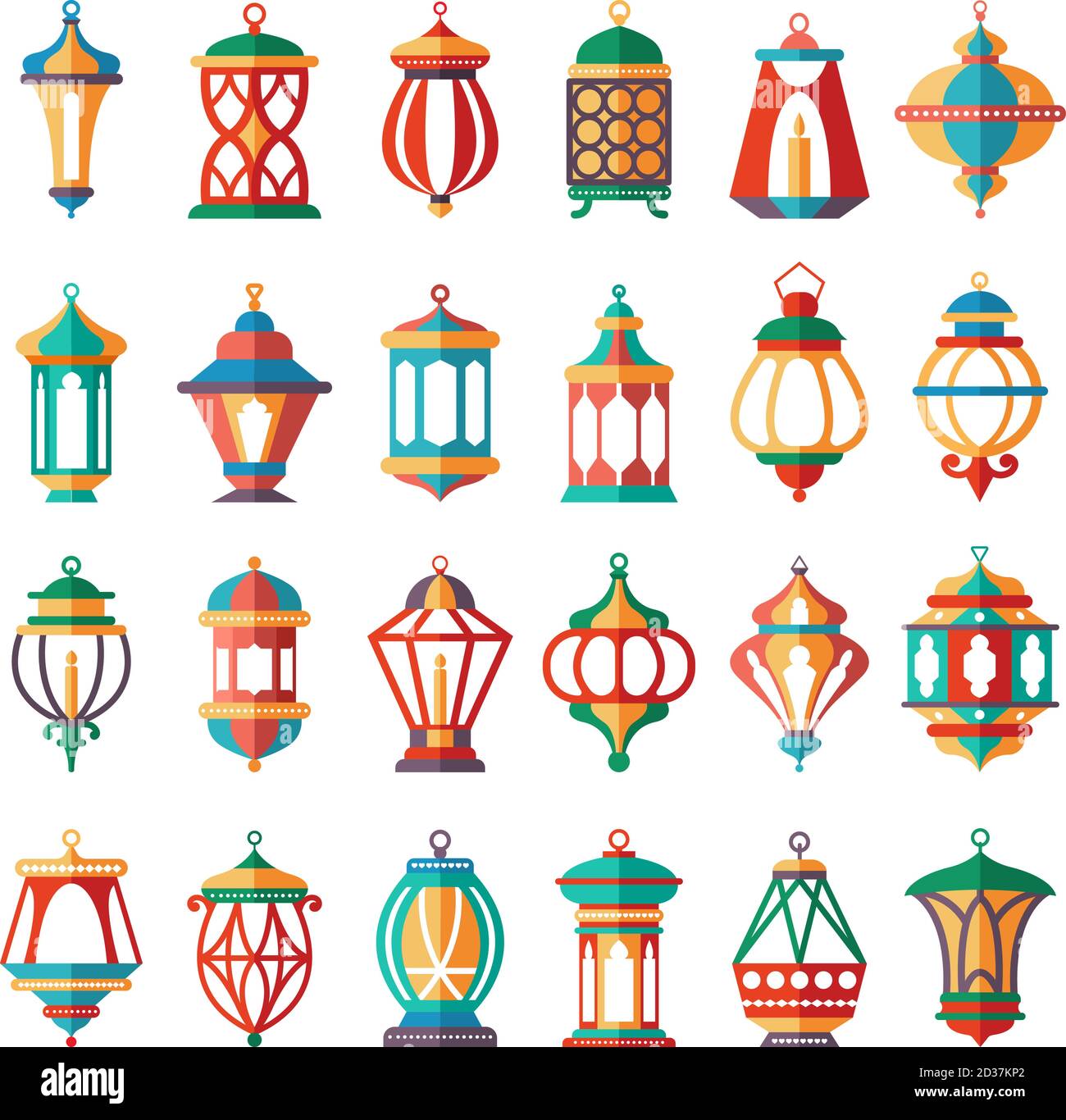 Arabic lamps. Old light muslim islamic lanterns vector cartoon colored collection Stock Vector