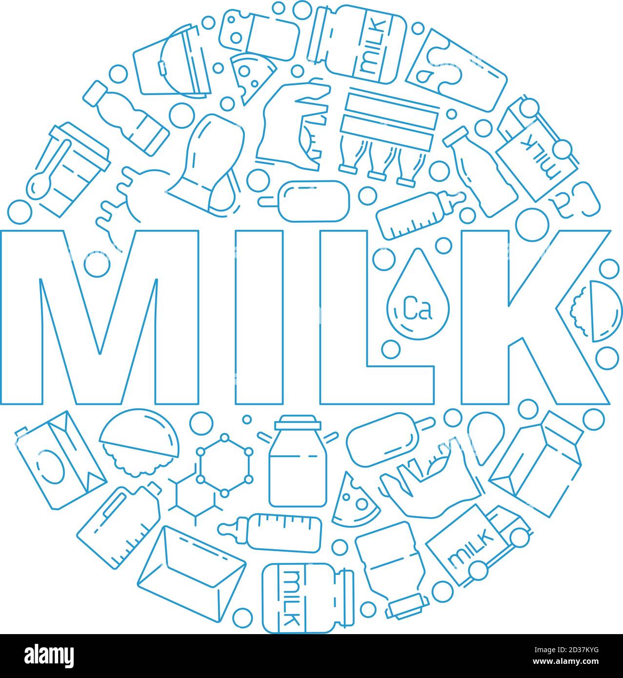 Milk icons. Circle shape with symbols of dairy farm food yogurt cheese eating milk food vector concept Stock Vector