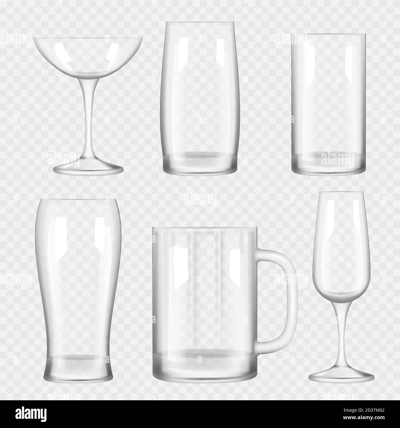 Transparent glass cup. Empty champagne cocktail bar drinks realistic glass collection vector Stock Vector