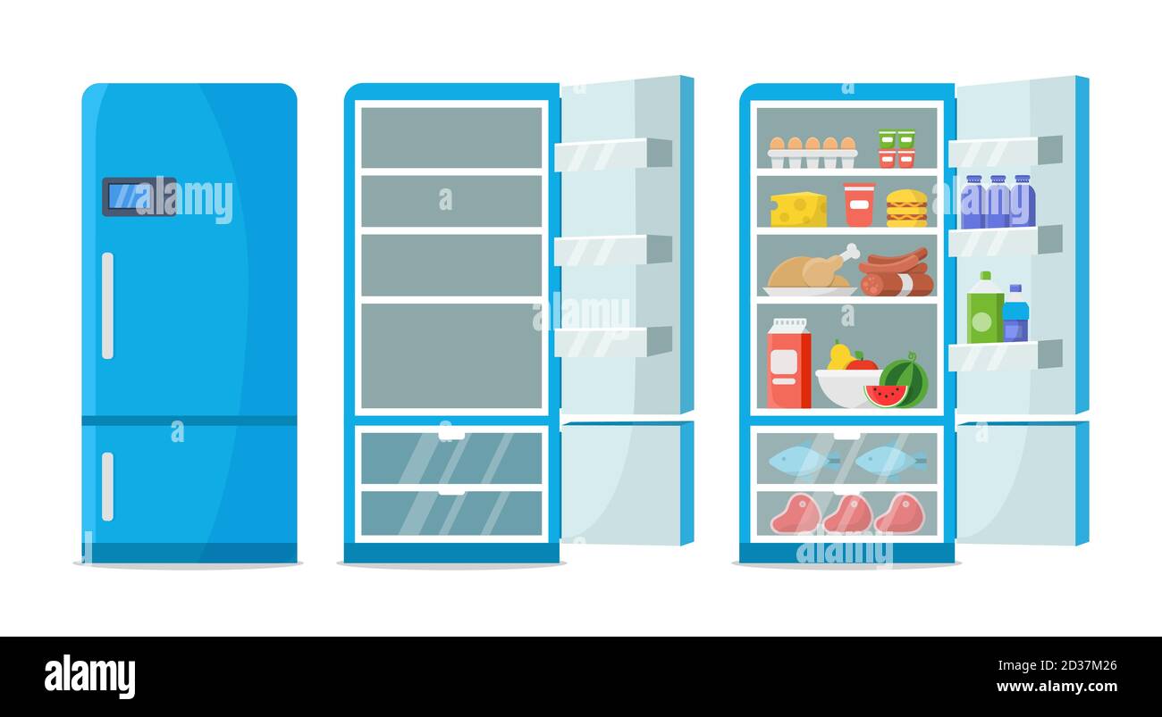 Flat fridge vector. Closed and open empty refrigerator. Blue fridge with healthy food, water, meet, vegetables Stock Vector