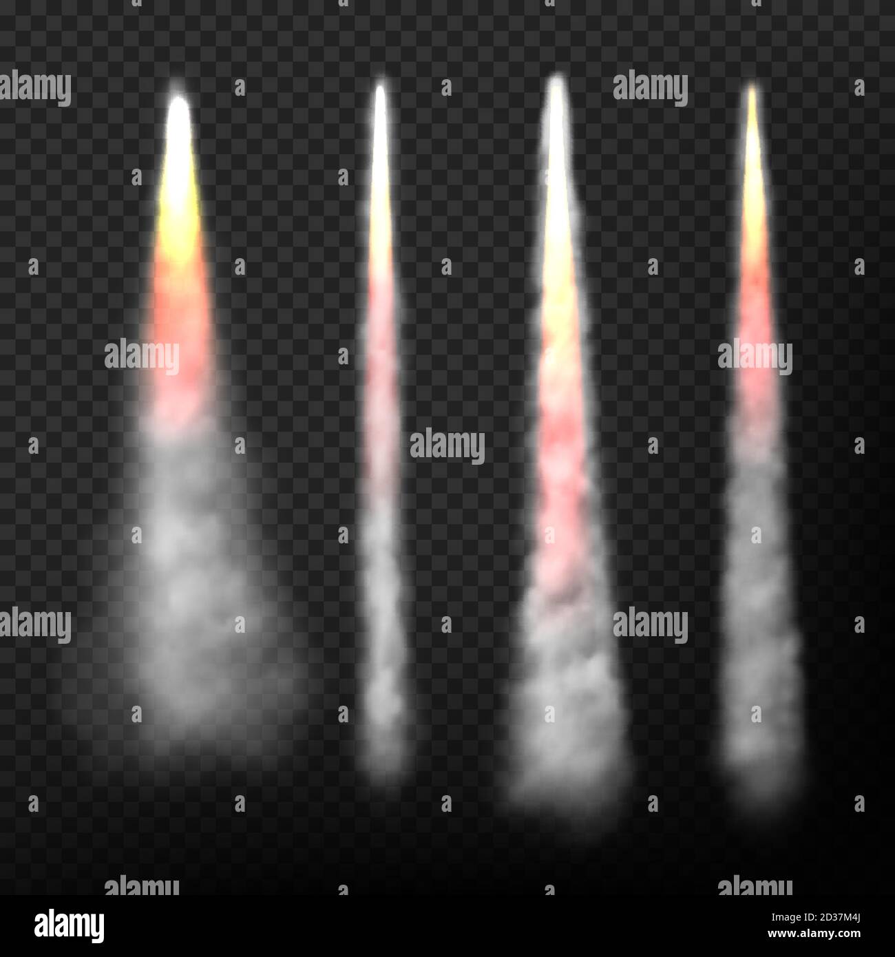 Rocket smoke. Realistic effect of speed flying launch space ship smoke and fire vector collection Stock Vector