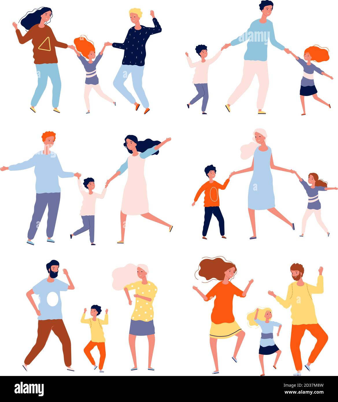 Dancing family. Kids playing and dancing with parents mother father children dancers vector characters collection Stock Vector
