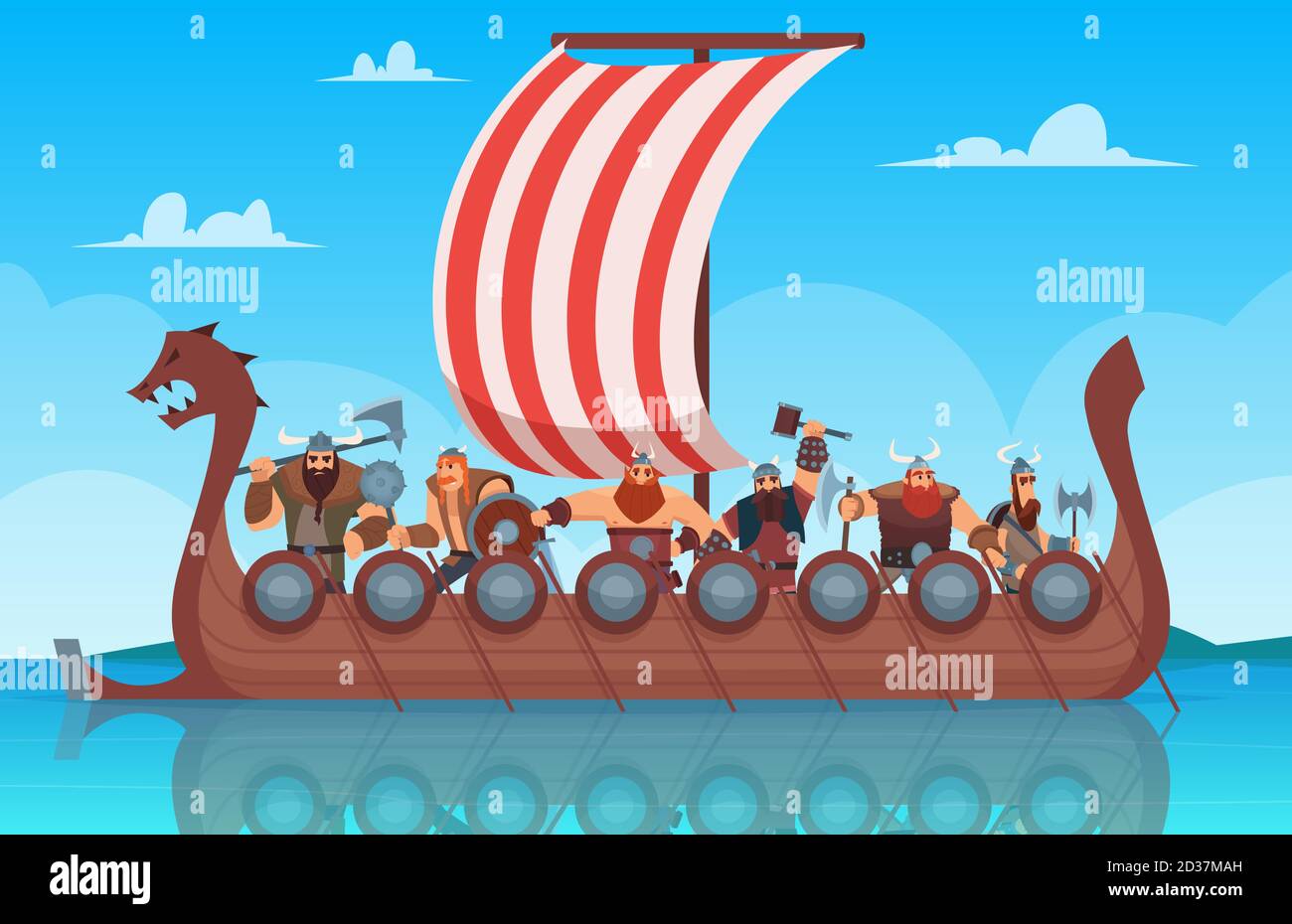 Vikings battle ship. Travel history boat with norway vikings warrior vector cartoon background Stock Vector