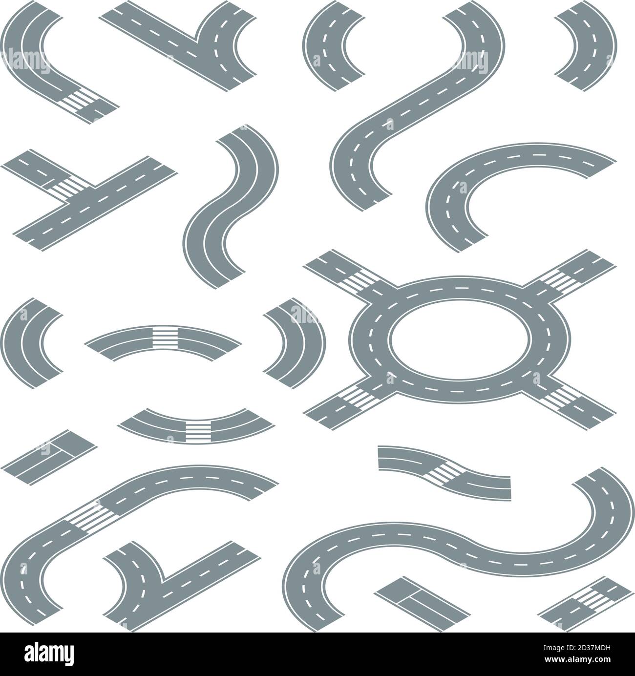 Isometric road. Street elements for city traffic map pedestrian crossing road markings junction circular motion vector Stock Vector