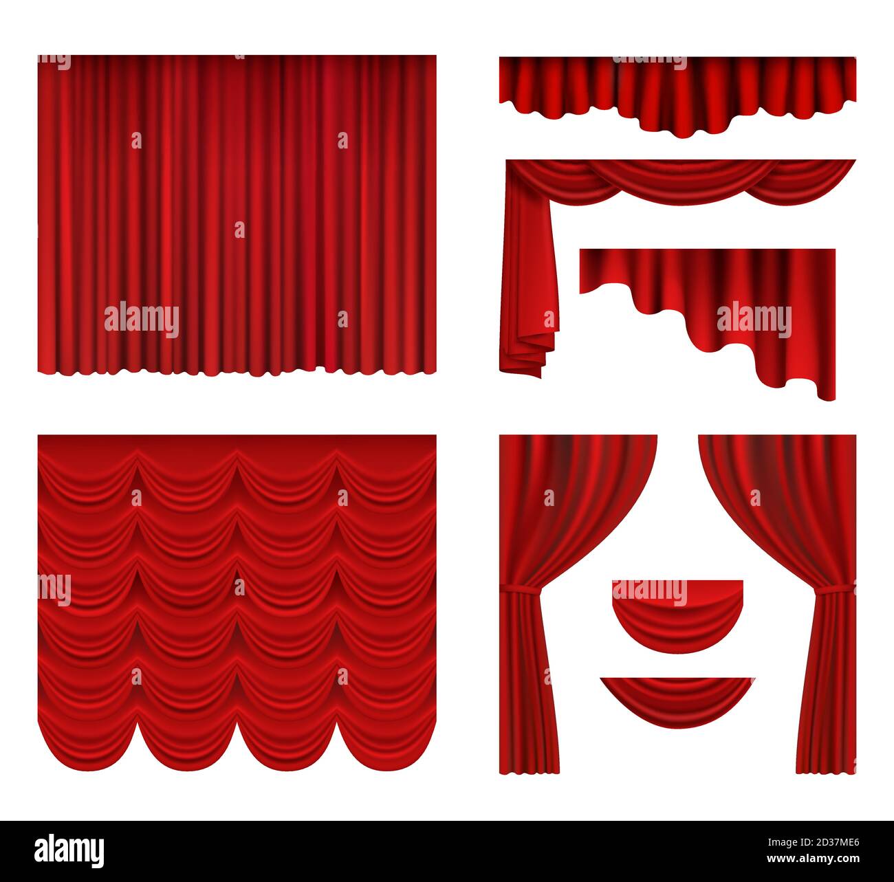 Red curtains. Theater fabric silk decoration for movie cinema or opera hall luxury curtains vector realistic Stock Vector