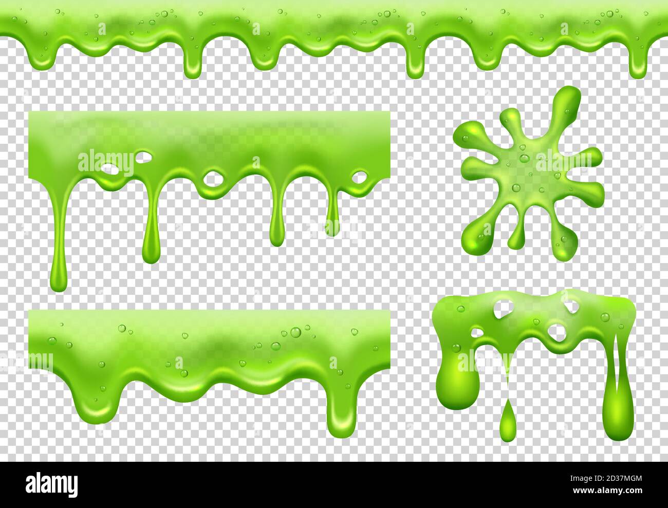 Slime. Green toxic flowing blotting and splatter dripping transparent liquids slimy vector realistic collection splashes Stock Vector