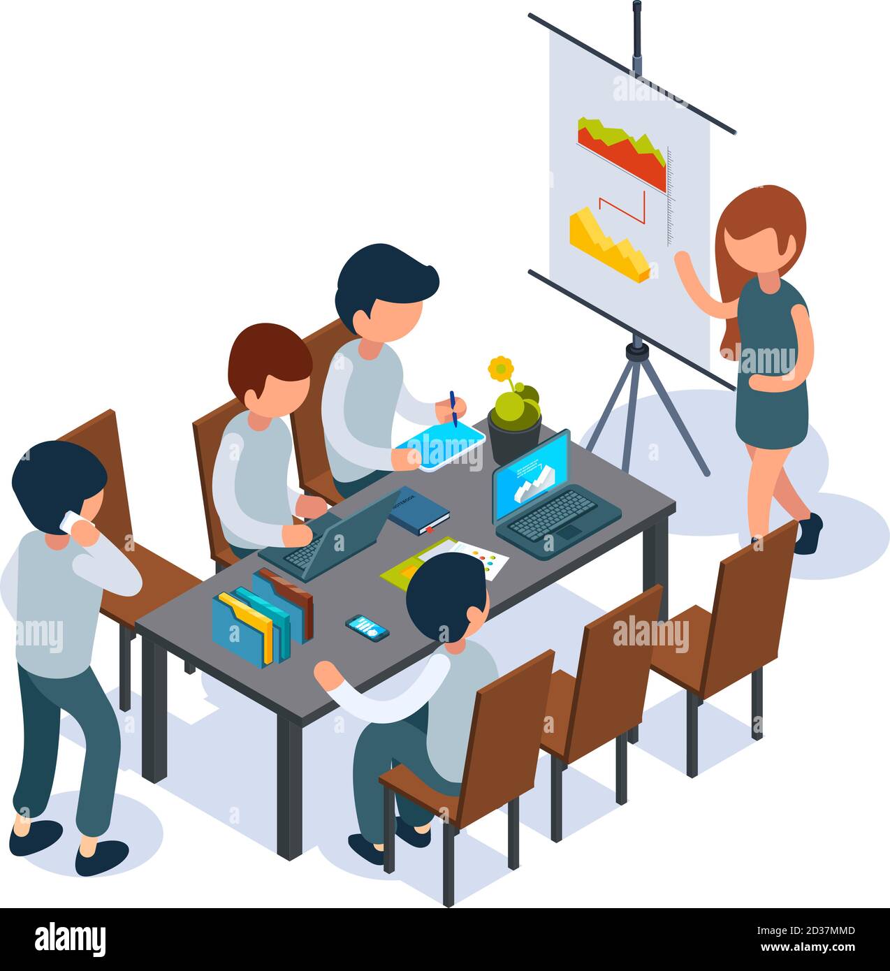 Business coaching. Conference hall person speak and pointing at flip chart managers 3d sitting at table vector isometric Stock Vector