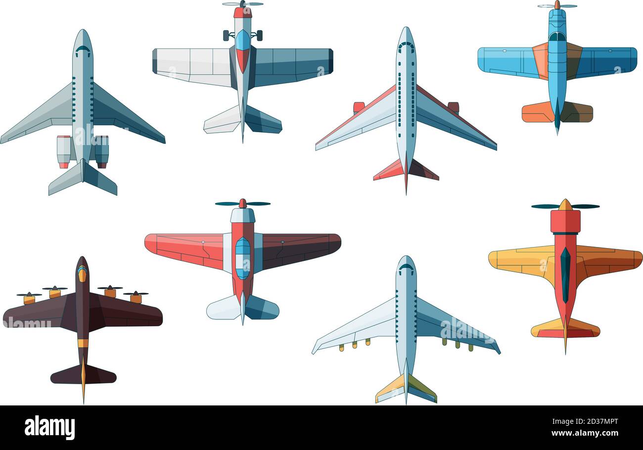 Aircraft top view. Civil and military airplanes collection in flat style vector pictures Stock Vector