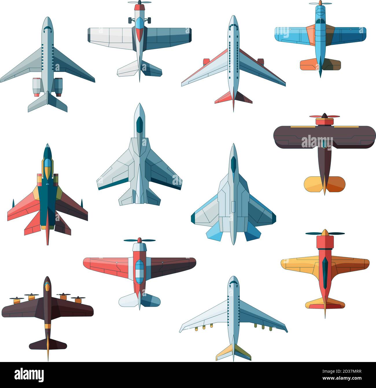 Planes top view. Jet military aircraft vector flat pictures isolated Stock Vector