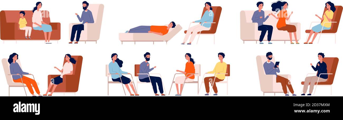 Psychologist. Group therapy couch talking medical consultant sitting family consulting vector characters Stock Vector