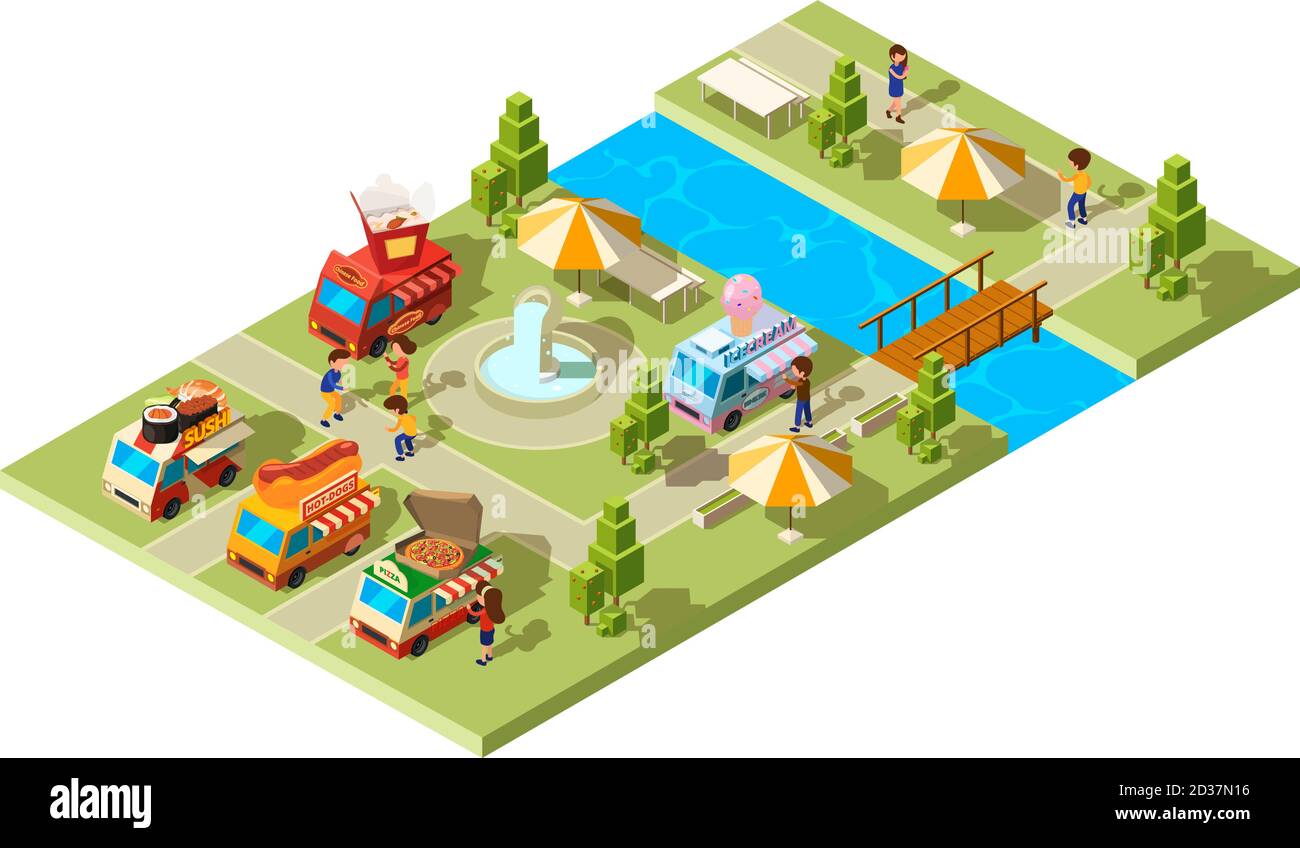 Street food park. Public place with wagons cars selling different food ice cream burgers sushi cold drinks vector isometric composition Stock Vector