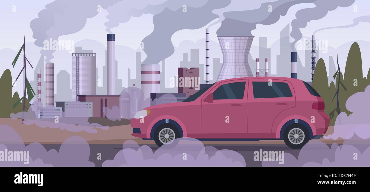 Polluter car. Atmospheric pollution industrial factory automobile traffic engine smoke bad urban environment vector background Stock Vector