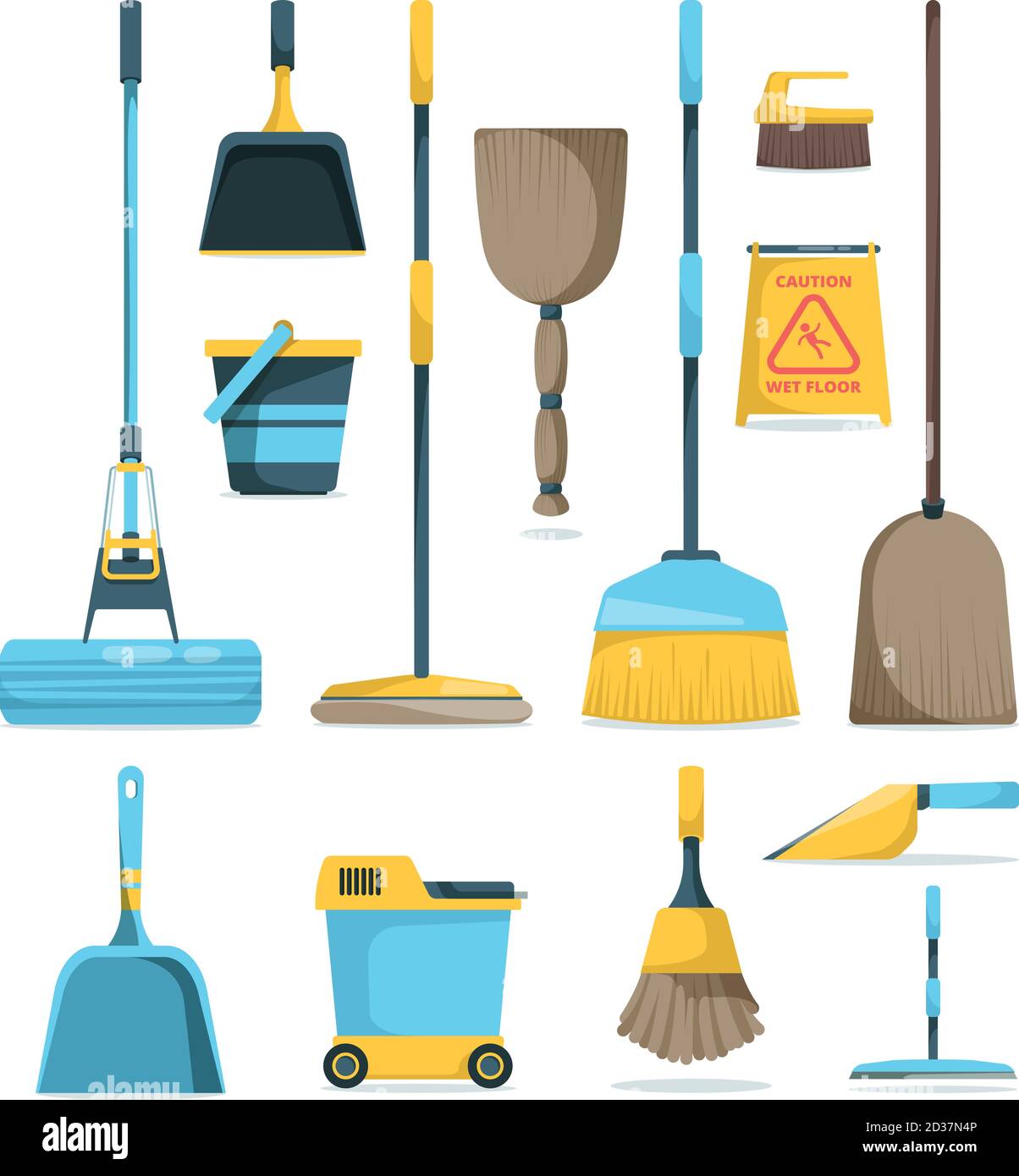 Broom and mops. Hygiene room housework supply household equipment for cleaning handle brooms vector cartoon pictures Stock Vector