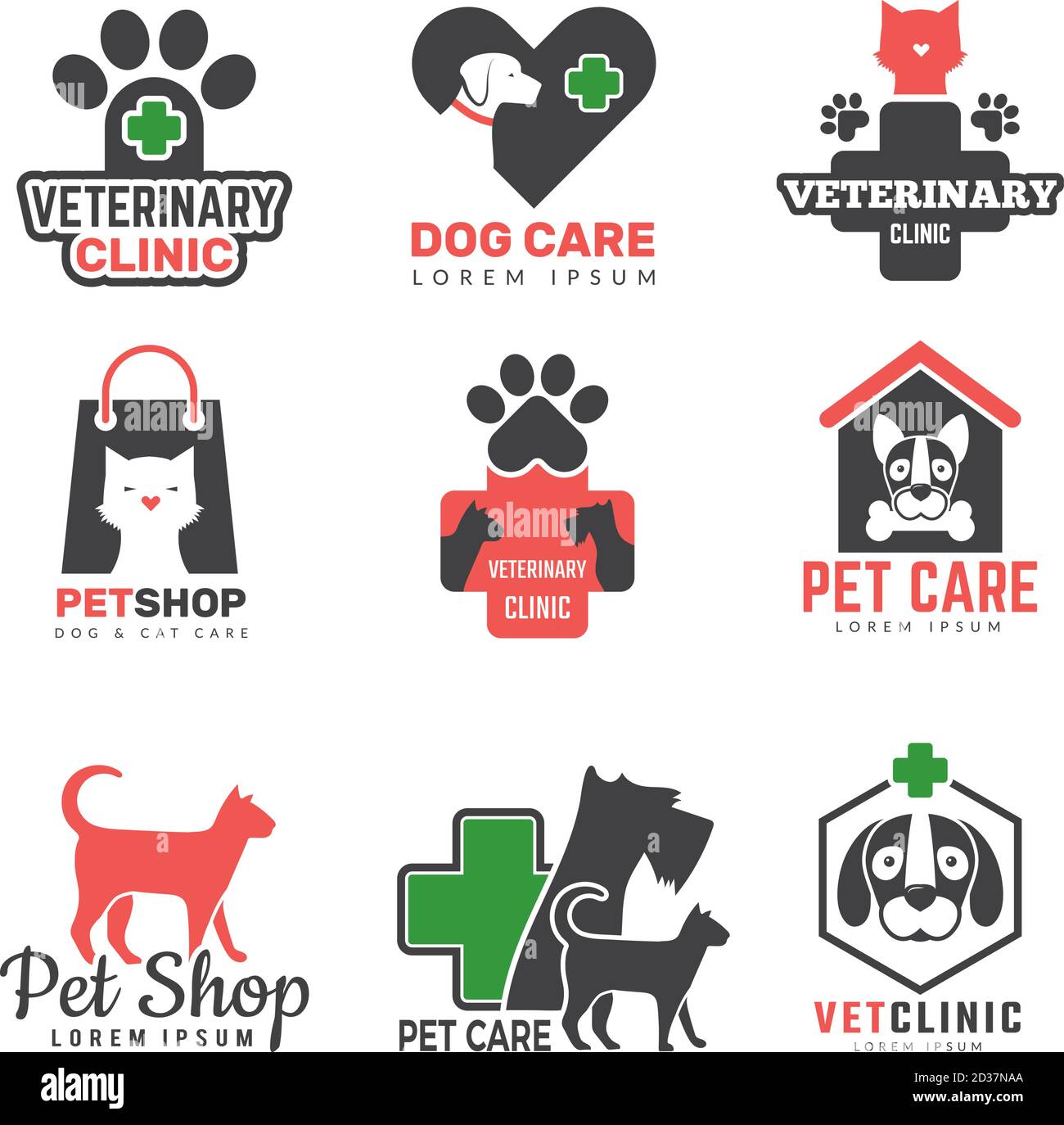 Pets shop logo. Veterinary clinic for domestic animals dogs cats protection symbols vector design template Stock Vector