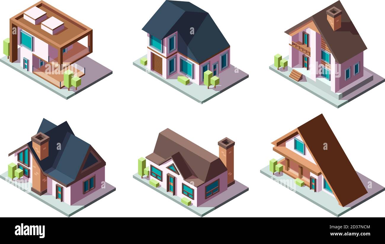 Private house. Residential modern buildings 3d low poly constructions ...