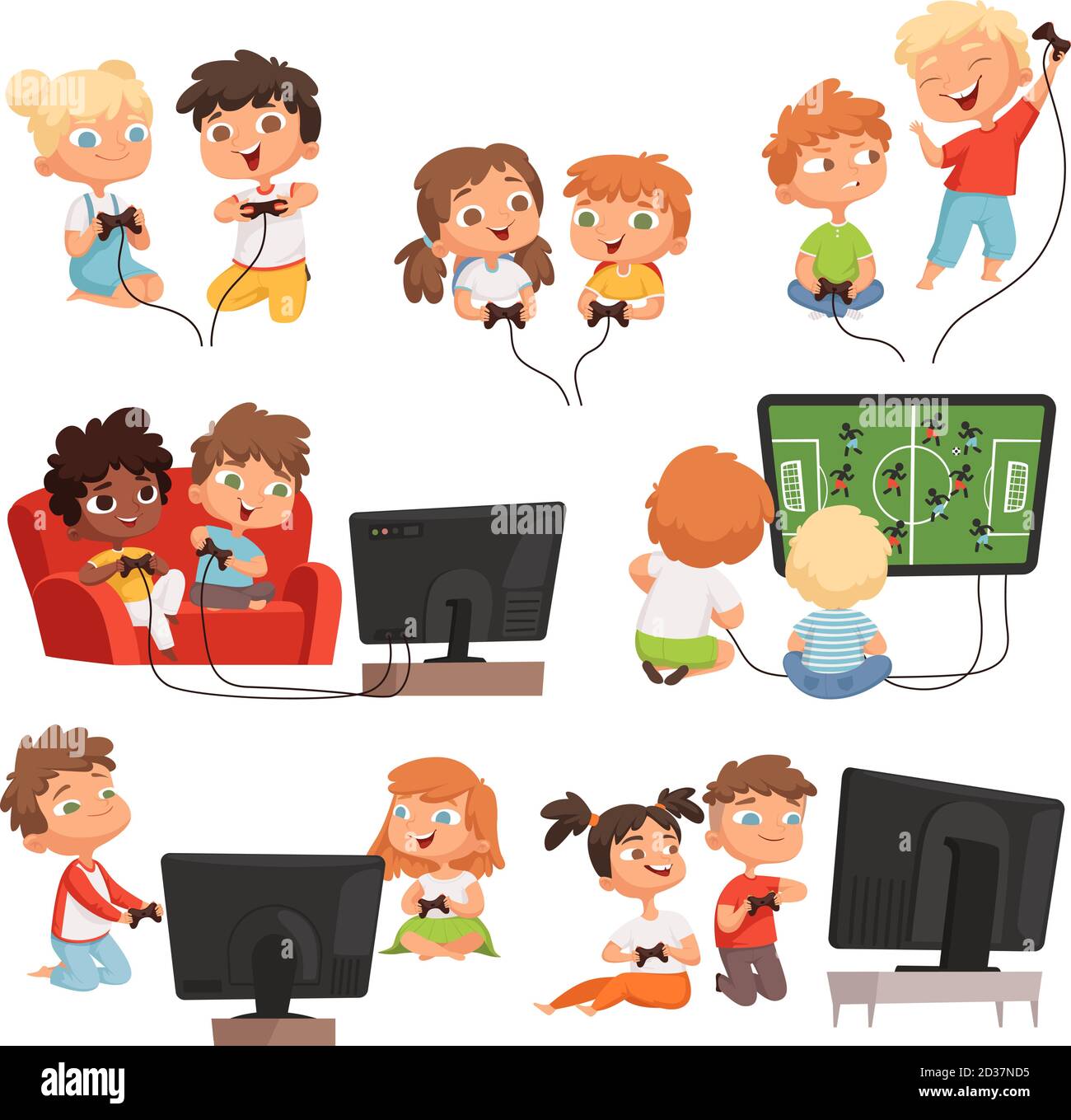 Video gaming. Peoples kids boys and girls console videogaming with controllers joystick gamepad funny vector childrens Stock Vector