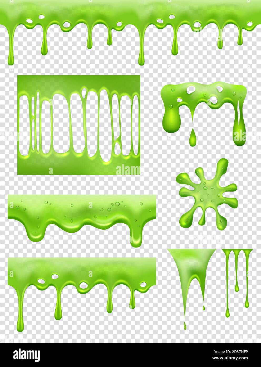 Slime. Green Glue dipping and flowing liquid drops and toxic splashes vector pictures Stock Vector