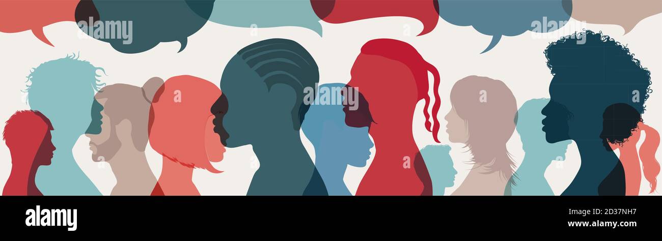 Dialogue group of diverse multiethnic multicultural people. Talking and share ideas. Crowd talking. Communication concept. Silhouette diversity people Stock Vector