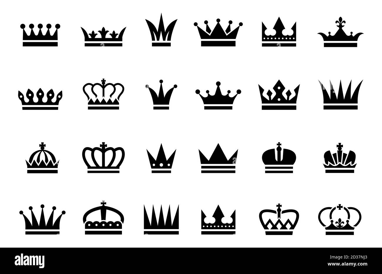 Black crown icons. Vector different crown silhouettes isolated on white background Stock Vector