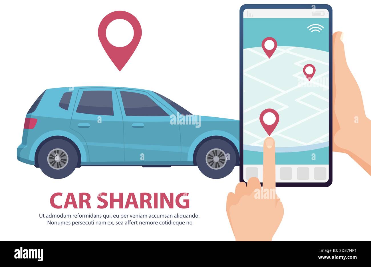 Car sharing. Rent car online mobile app web page concept. Vector find