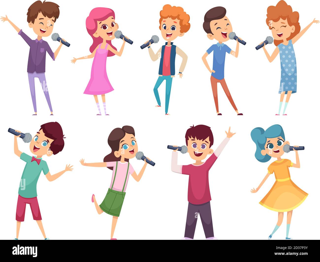 Singing childrens. Male and female kids standing with microphones music performance karaoke talent vector cartoons Stock Vector
